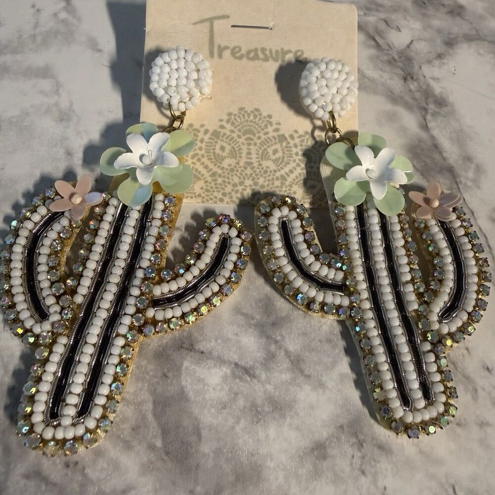 Beaded Cactus Statement Earrings NWT Floral Rhinestone Southwestern Boho Cowgirl